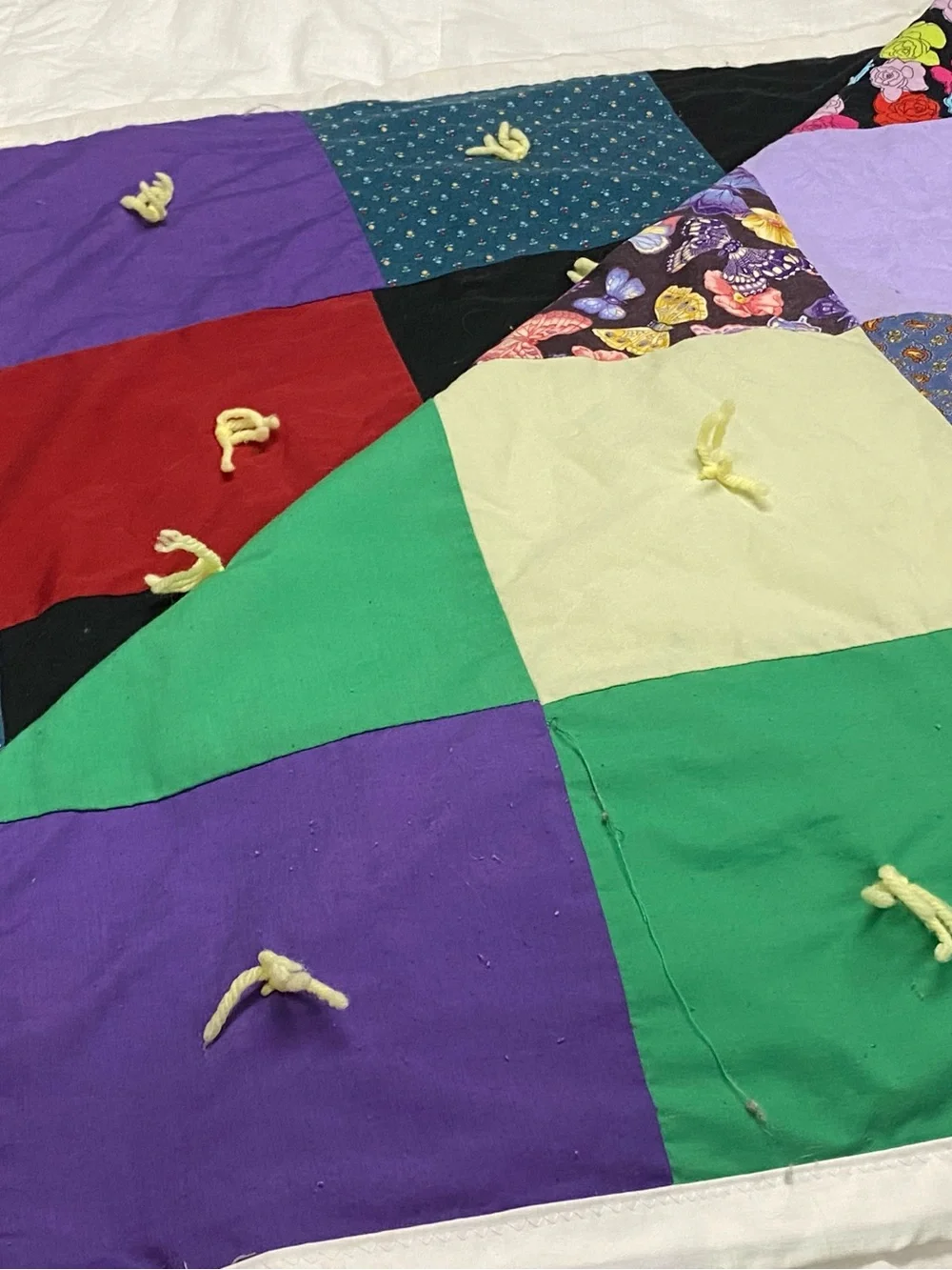 Colorful Floral Patchwork Quilt - Lavender, Black, Green & Red
